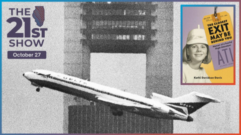 a grainy black-and-white photo of a white airliner taking off with a large cntrol tower in the background: inset: Davis' purple and yellow book cover includes a black-and-white image of her wearing her flight attendant uniform, including a mod cap and dress