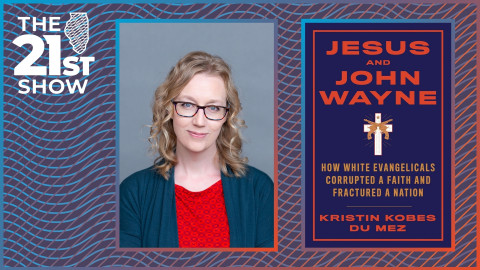 a collage featuring Du Mez, a white woman with blond-brown hair wearing glasses, a red blouse and dark blue sweater; the cover of Jesus and John Wayne is a deep-bluish-purple color with orange text and features a pair of golden pistols in front of a white Christian cross