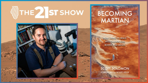 a montage featuring Scott Solomon, a white man with a short beard wearing a navy bowling shirt with gold accents, sitting in front of bookcases and next to the binocular eyepieces of a telescope; the cover of 