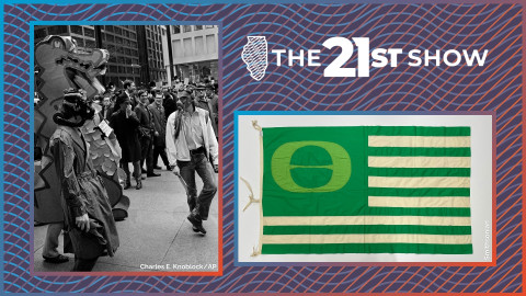 Left: Gas-masked marchers and a dragon labeled "garbage eater" arrive in Chicago's Civic Center Plaza for the first observance of Earth Day, April 22, 1970. Right: An Ecology Flag sewn by the mother of a student at Lanphier High School in Springfield, Illinois. It was carried from the school to the Illinois State Capitol Building on Earth Day 1970, as part of a project facilitated by Lanphier science teacher Ray Bruzan. The flag is in the collection of the Smithsonian's National Museum of American History.