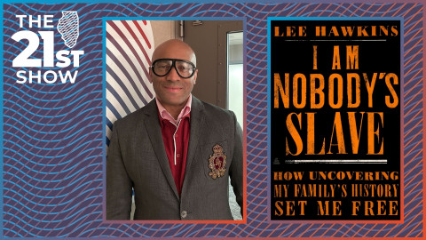 a montage with the book cover (black with orange lettering) and a portrait of Lee Hawkins: he's got a shaved head; large, thick-rimmed glasses; and he's wearing a tweed sport coat with an elaborate Dolce & Gabbana crest embroidered on the breast pocket; the jacket is worn over a red polo shirt, which in turn is worn over a pink button-down shirt