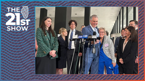 Chicago’s 45th Ward Committeeman Michael Rabbitt and his wife Sarah celebrate the remaining charges being dropped against him and his co-defendants, also pictured, in the “Broadview Six” protest case.