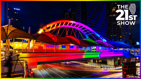 A bridge lit up for Pride Month in Bangkok, Thailand. There is much less to celebrate among LGBTQ people in Illinois' neighboring states.