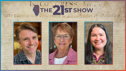 the Declaration of Independence for the backdrop for three portraits: a middle-aged white man with brown hair and wearing a dark collared shirt; an older woman with red hair and a pink jacket, and a younger Latino woman with a floral pattern embroidered on her black blouse.