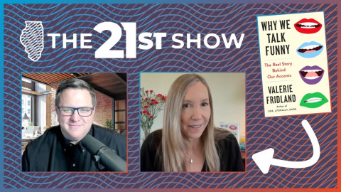 still images from a video interview: at left is a white man with brown hair, a black button-down shirt, and a podcast microphone in front of his face; at left is a white woman with long blond hair, a black blouse, and a spray of red carnations in a vase in the background