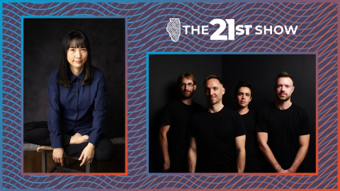 Two photos: Juri Seo wears a navy blue jumpsuit and sits cross-legged on a chair; members of JACK Quartet wear black shirts in front of a black background