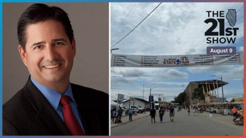 Host Brian Mackey attended the Illinois State Fair to talk to Jerry Costello ll (left), the director of the Illinois Department of Agriculture. 