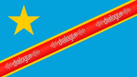 A graphic of a flag, with a golden star in the top left, and a diagonal red line with a yellow border going from the bottom left to top right. The Dialogue graphic can be seen on the diagonal red line. 