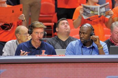 Deon Thomas (right) during an Illinois men's basketball radio broadcast at State Farm Center with Brian Barnhart.