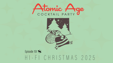 Atomic Age logo with an illustration of Santa Claus carrying a sack of toys outdoors walking past some trees. Text reads 