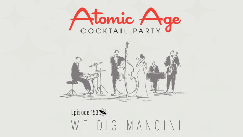 Atomic Age logo with an illustration of five piece jazz combo. Text reads 