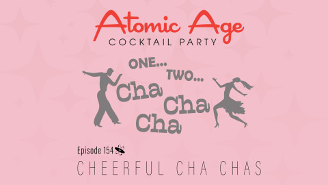 Atomic Age logo with an illustration of a man and woman dance one ether side of the phrase 