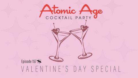 Atomic Age logo with an illustration of two martini glasses with hearts in them.
