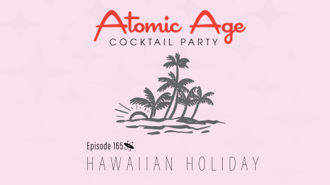Atomic Age logo with an illustration of a tropical island with the sun behind it. Text reads 