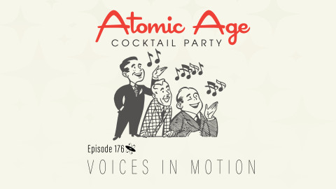 Atomic Age logo with an illustration of three men singing. Text reads 
