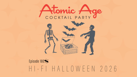 Atomic Age logo with an image of a skeleton and a zombie with a record player with bat flying out of it. Text reads 