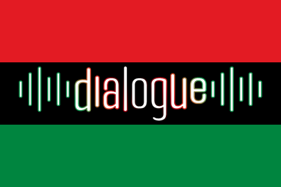 The Pan-African flag with the Dialogue logo in the middle.