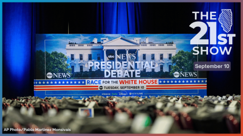 Signage at the media filing center ahead of the presidential debate between Republican presidential candidate former President Donald Trump and Democratic presidential nominee Vice President Kamala Harris, Monday, Sept. 9, 2024, in Philadelphia.