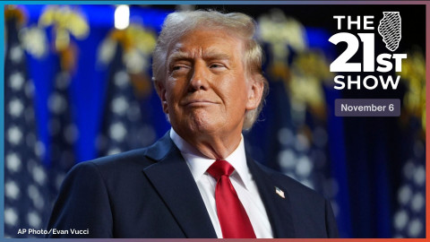 Republican presidential nominee former President Donald Trump arrives at an election night watch party at the Palm Beach Convention Center, Wednesday, Nov. 6, 2024, in West Palm Beach, Fla.