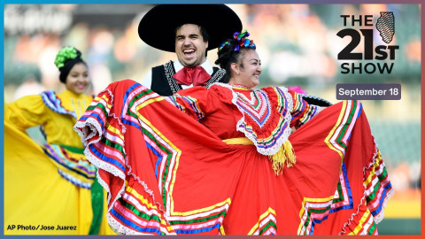 Part of a Mexican dance troupe perform on the field pregame before a baseball game between the Detroit Tigers and the Baltimore Orioles, Saturday, Sept. 14, 2024, in Detroit. The Tigers organization held many activities today as part of recognizing Hispanic Heritage Month.