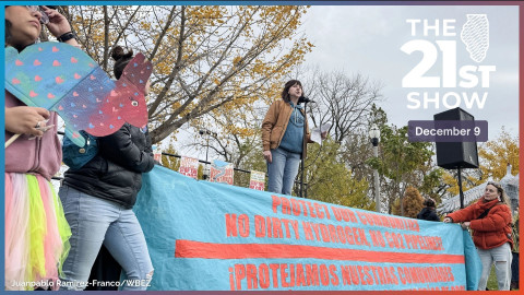 Lisa Vallee, with the environmental justice organization Just Transition Northwest Indiana, speaks at a recent rally in Whiting, Ind. She and others oppose using fossil fuels to produce hydrogen as part of the Midwest Hydrogen Hub, which will span Illinois, Iowa, Indiana, and Michigan.