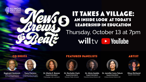 News brews and beatz 5 graphic with panelists names titles and pictures with WILL-TV and YouTube logos