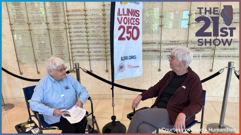 Francie Staggs and Rhonda Trower of the Captain William Penny Chapter of the Daughters of the Republic record their Illinois Voices 250 interview during a Community Recording Day at the State Capitol in Springfield.