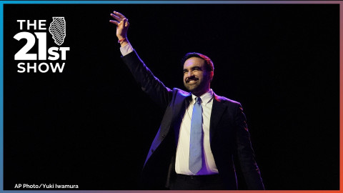 Zohran Mamdani reacts as he walks on stage to speak at a mayoral election night watch party, Tuesday, Nov. 4, 2025, in New York. Mamdani identifies as a Democratic Socialist and his election as mayor of New York City was a large win for the socialist movement.