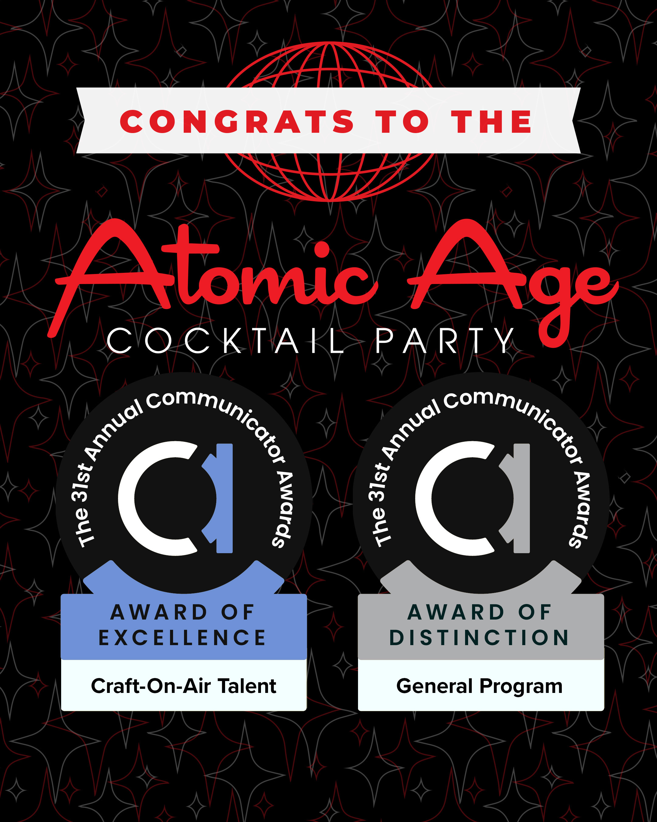 An illustrated poster in the mid-century style, congratulating AACP on its two 2025 Communicator awards.
