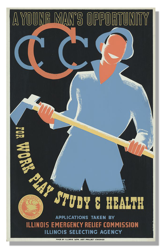 A recruiting poster for the Civilian Conservation Corps, produced by Albert Bender in 1941 under the Illinois WPA Art Project.