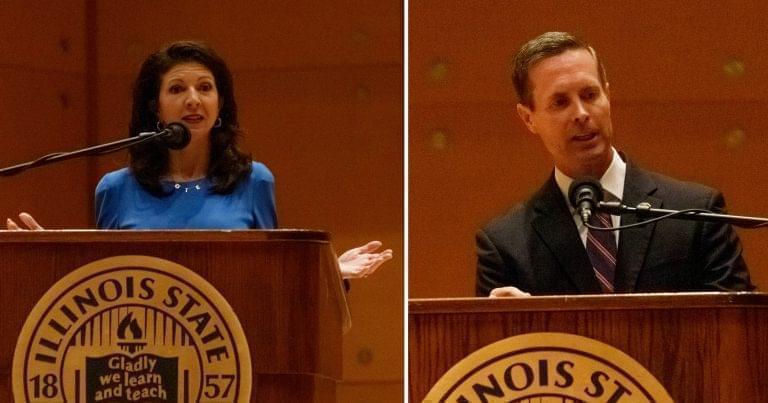 U.S. Rep. Rodney Davis, R-Taylorville, with his Democratic challenger, Betsy Dirksen Londrigan of Springfield, at WGLT's debate on Tuesday, Oct. 13, 2020, in Normal.