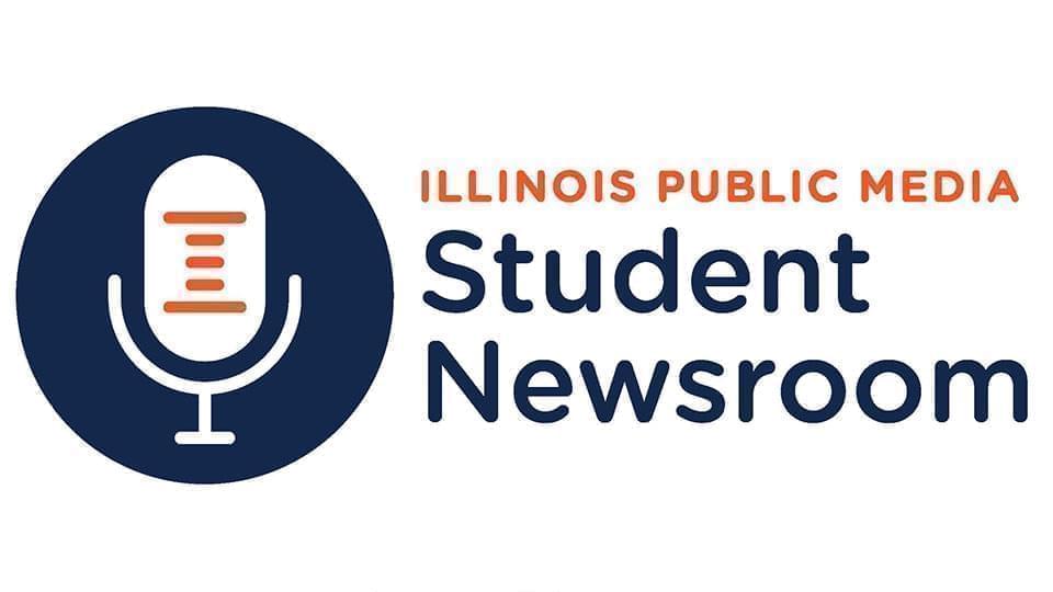 blue background with microphone graphic with text Illinois Public Media Student Newsroom