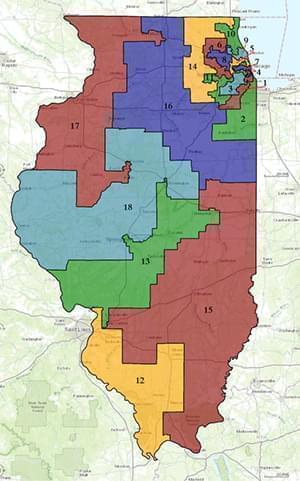 Statewide boundaries for United States congressional districts in Illinois, since 2013.