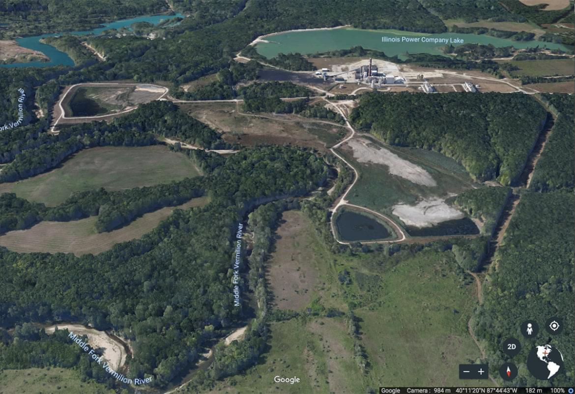 A view of the Vermilion Power Station, the coal ash ponds, and the Middle Fork River as seen by satellite via Google Earth