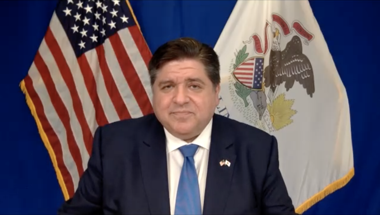 Gov. JB Pritzker sits for a Zoom interview with Illinois Public Radio on Thursday.