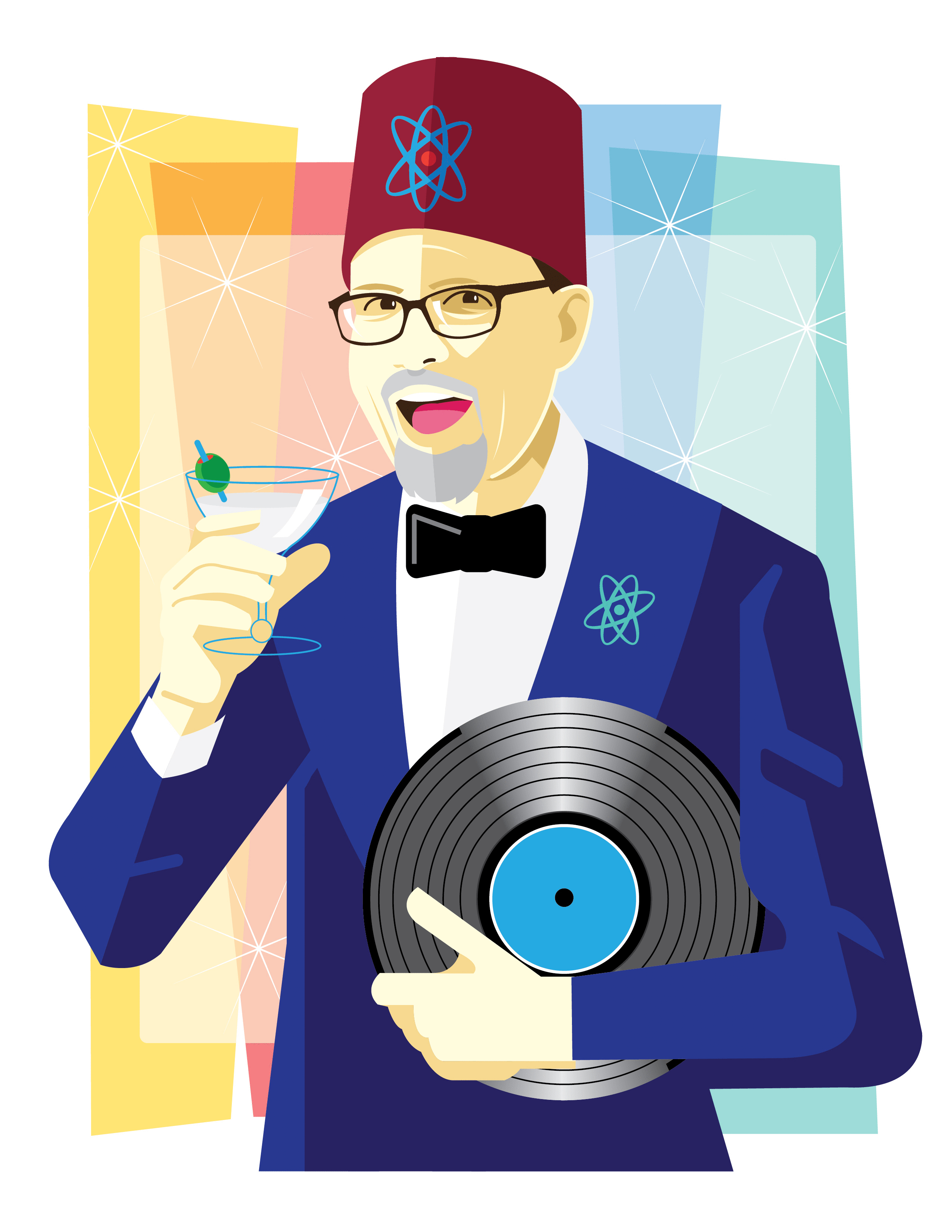 Atomic Age Cocktail Party host, Jason Croft, holds a martini in one hand and a record under the other arm, while wearing a fez and a smoking jacket in this retro-style illustration.